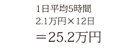 1日平均5時間 2.1万円×12日＝25.2万円